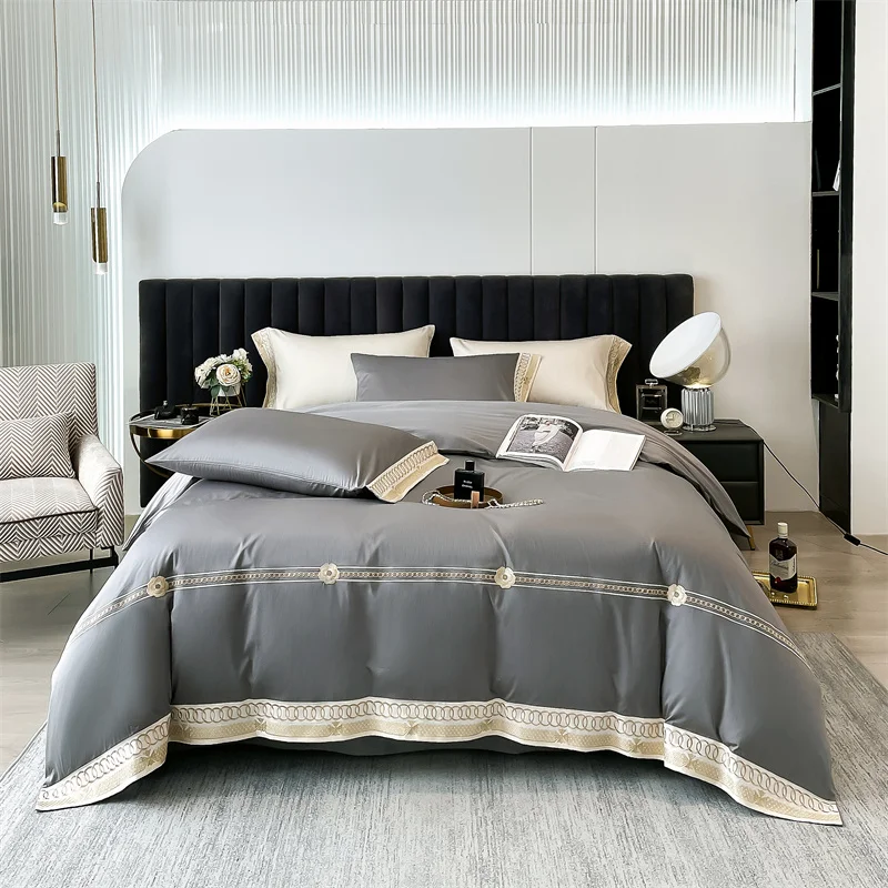 Gold Embroidery Bedding Set Luxury Grey Egyptian Cotton Duvet Cover Fitted Bed Sheet Pillowcases Solid Color Home Textile