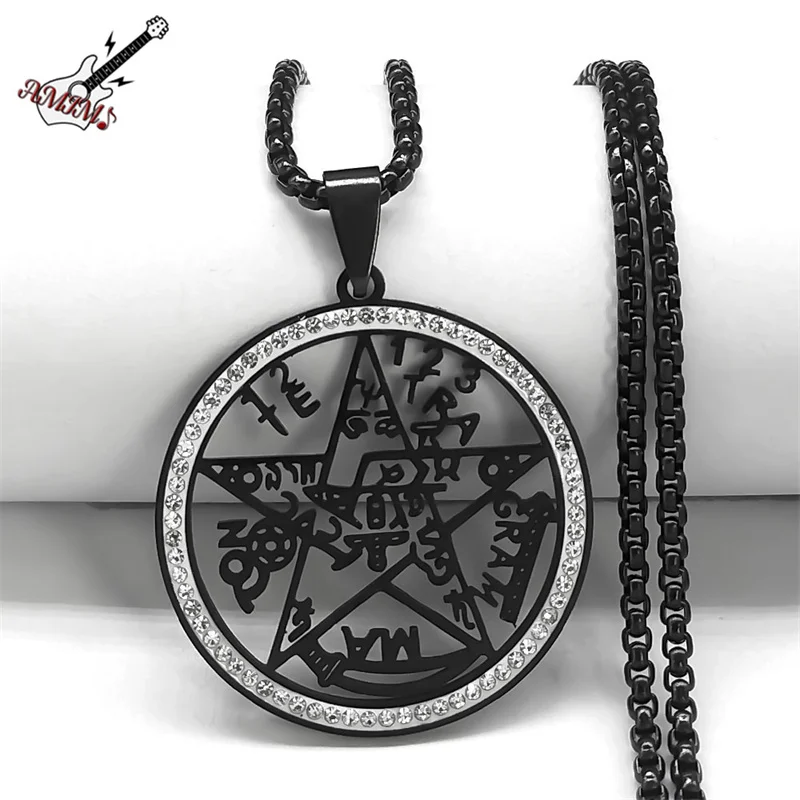 Jewish Pentagram Tetragrammaton Necklace for Women Men Stainless Steel Black Pentacle Jehovah Yahweh Hebrew Chain Jewelry N57S06