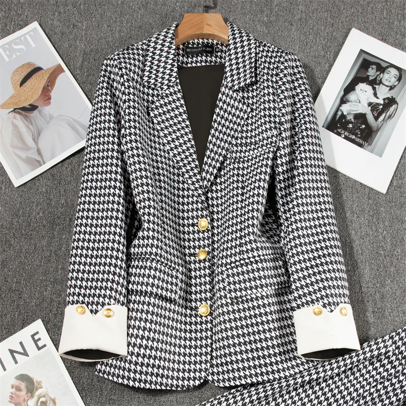 

Spring 2025 Women's Casual Plaid Suit Jacket Korean Style Thin Polyester Fabric Folded Wide Leg Pants