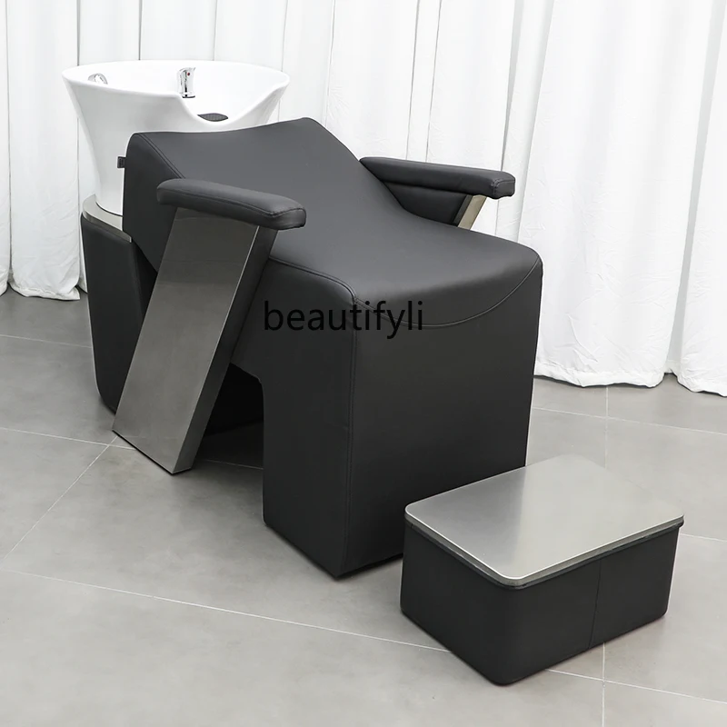 Barber Shop Lying Half Shampoo Flushing Bed Stainless Steel Simple Ceramic High-End Lying Half Shampoo Chair