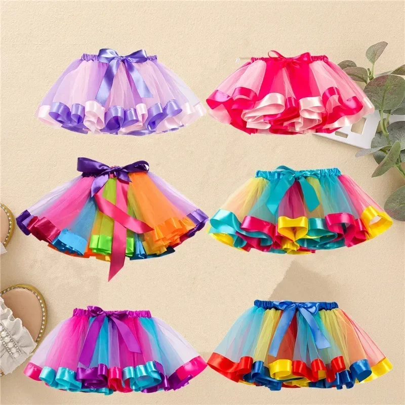 Fashion Kids Mesh Miniskirts Girls Princess Rainbow Colorful Dance Ballet Tutu Skirt Summer Party Bluey Dress Elastic Cloth 1-8Y