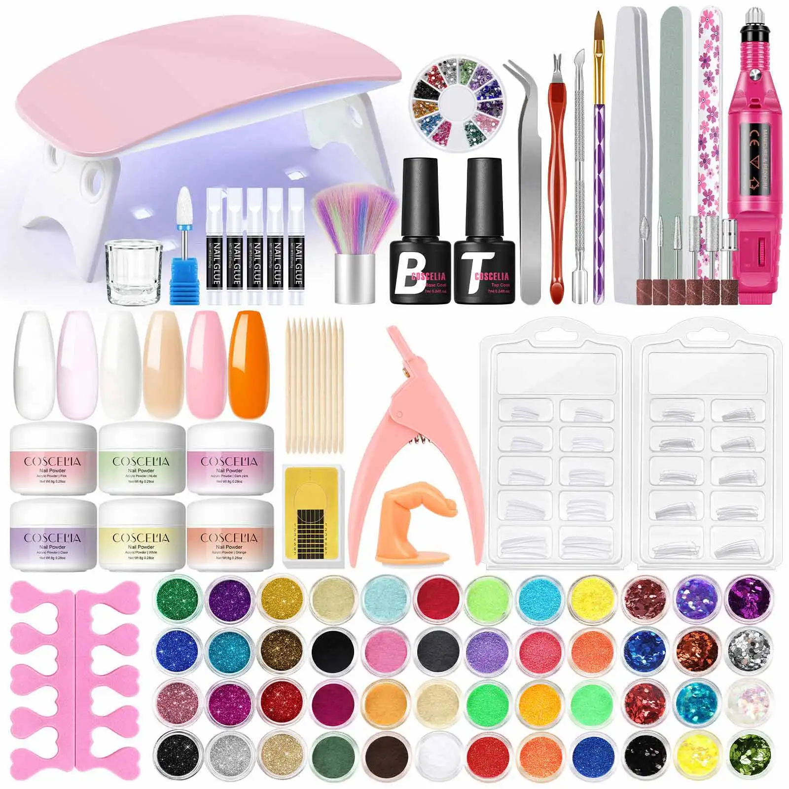 

COSCELIA 37 шт. набор акриловой пудры для ногтей с дрелью для ногтей, УФ-лампой, верхним базовым покрытием и пудрой для украшения ногтей, маникюрное искусство, сделай сам, домашний подарок