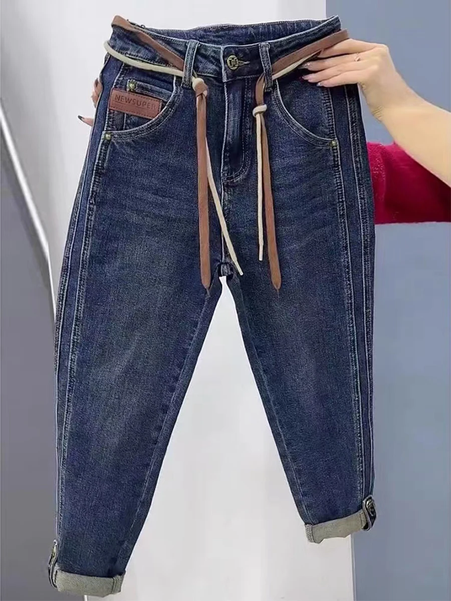 Hochgeschnittene Elastische Harlan-Jeans für Damen Frühling Herbst Übergröße Figurformend Neun-Punkt Gerade Beinlinie Dad Pants