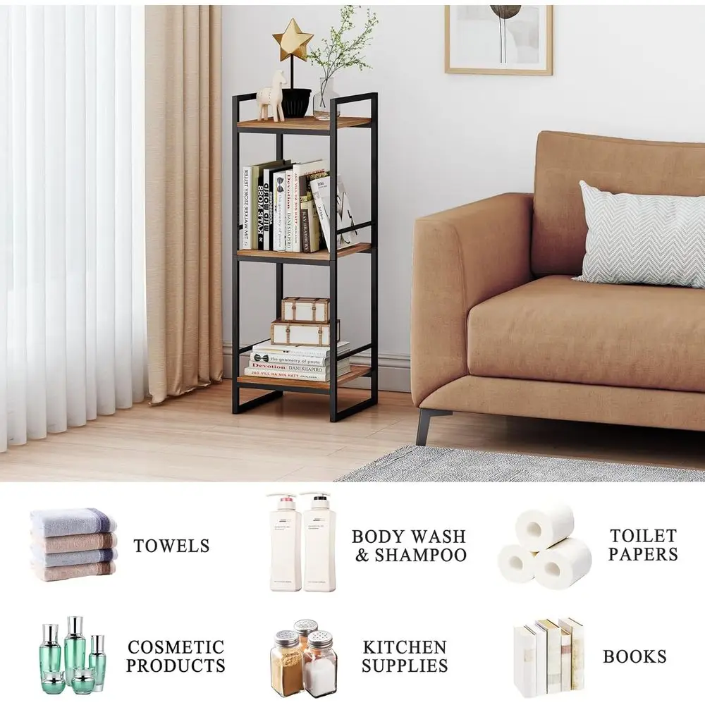 3-Tier Metal Corner Shelf, Rustic Brown, Freestanding Storage Rack for Bathroom, Kitchen, Living Room, and Hallway