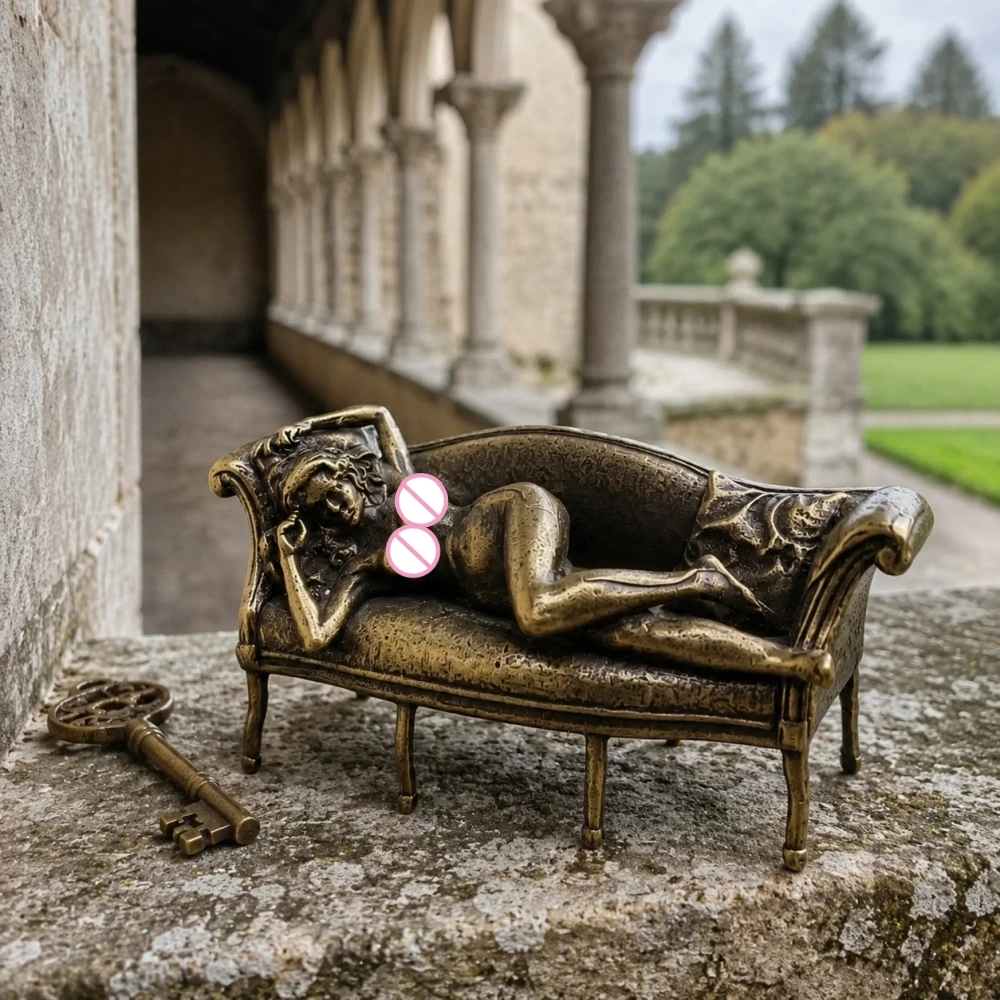 Brass Reclining Female Mini Figurine Sofa Scene Collectible Statue Diorama Ornament DIY Craft Gift for Sand Table Hobby Fans