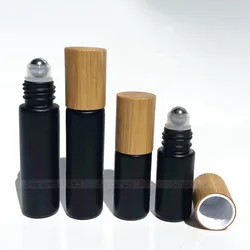 6X 12X 24X 5ML 10ML Natürliche Bambus Deckel/Kappe Schwarz Glas Ätherisches Öl Rolle Auf Flaschen Metall roller Bälle für Parfüm Aromatherapie