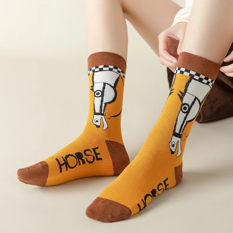 1 Pair Cotton New Fashion Elegant Art Orange Yellow Horse Lion Women Socks Long Female Girls Ethic Style Dress Sox Summer Gift