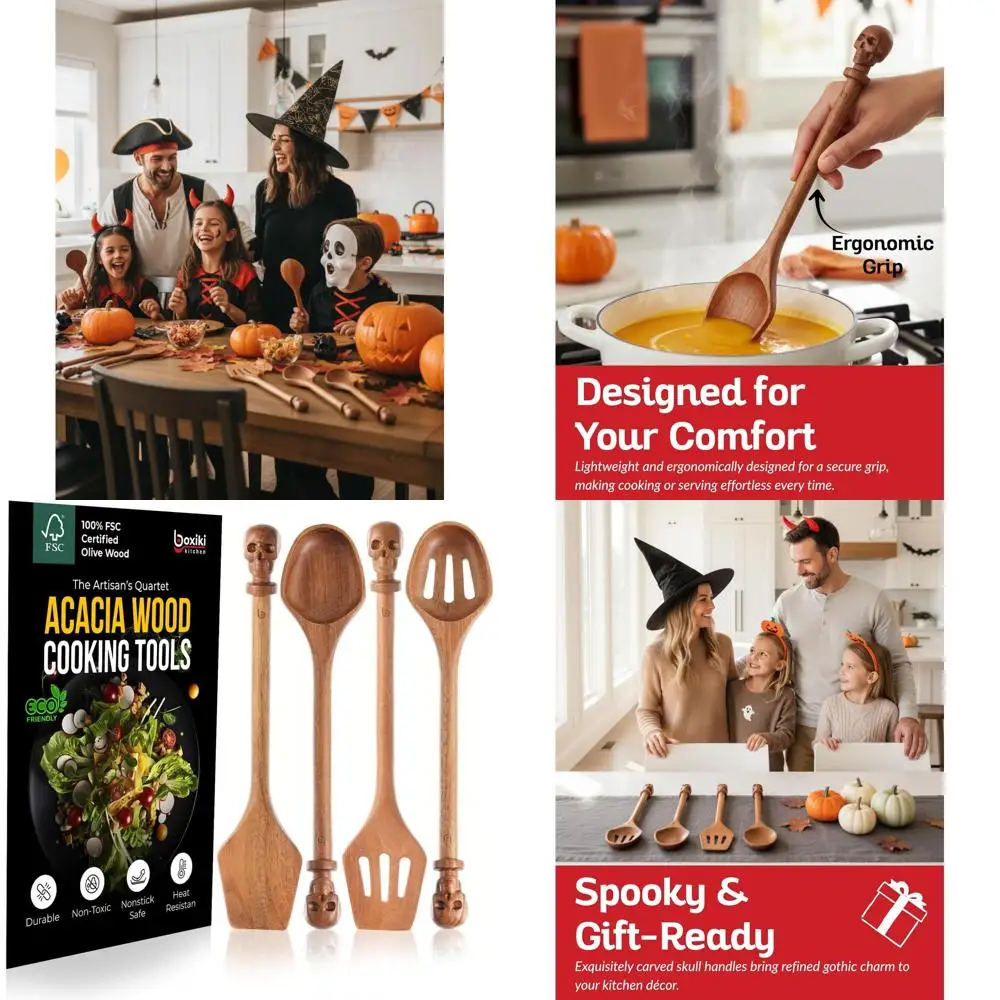 

Экологичный набор кухонной утвари из 4 предметов из дерева акации с ручками черепа — сертифицированный FSC, сейф для сковороды с антипригарным покрытием (лопатка, ложка, поворот