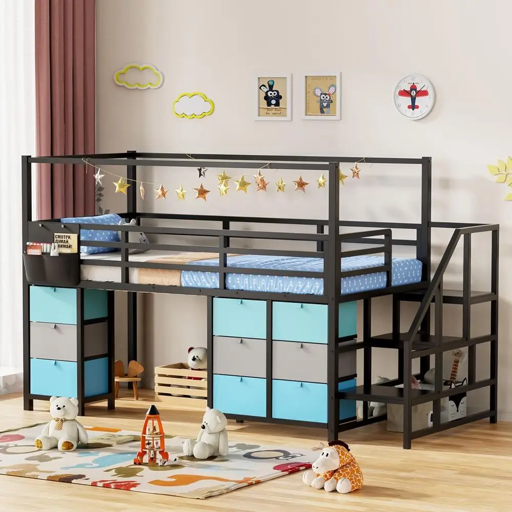 

Двухъярусная кровать низкого профиля размера Twin с 9 ящиками, лестницей, местом для хранения и защитным барьером | Спите спокойно