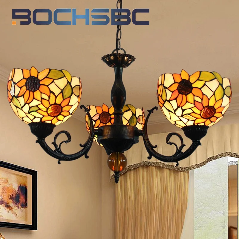 BOCHSBC Tiffany style stained glass retro pastoral Sunflowers 3 Pendant lamp Bar Living Room Dining Room Bedroom hallway decor