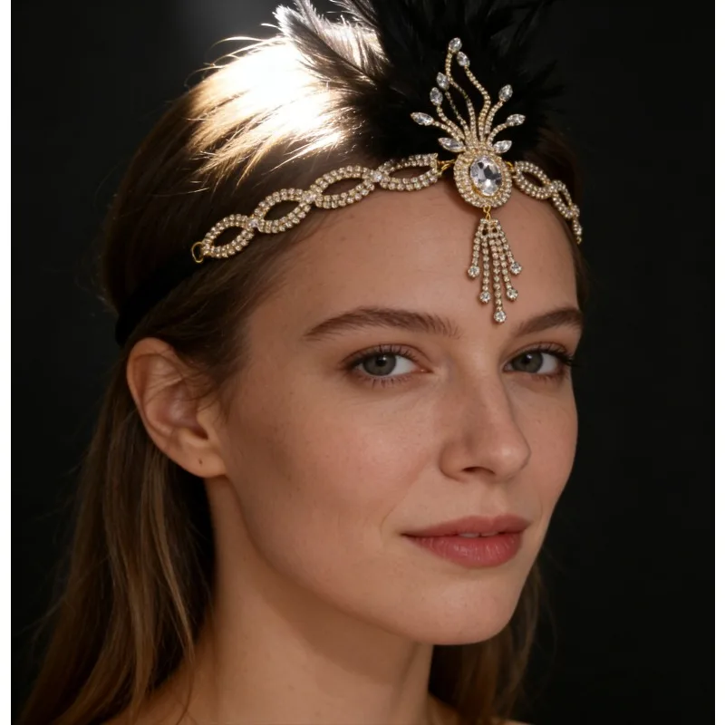 

Vintage 1920s Flapper Hair Accessory, Black Feather Crystal Tiara, Sparkly Prom Hairpiece for Gatsby Themed Party & Photoshoot