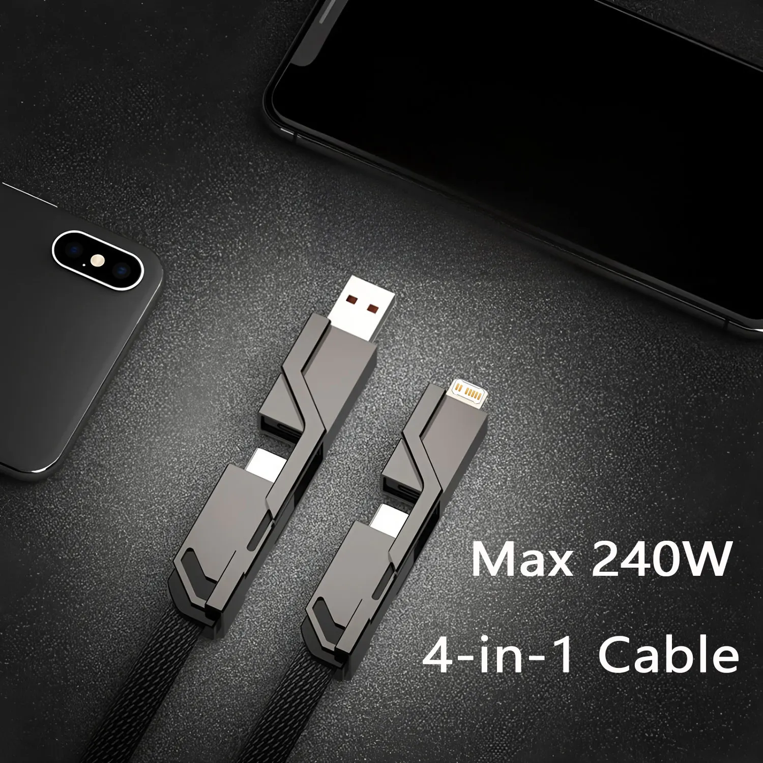 4-in-1 Kirsite Cable 240W Super Fast Charging Multiple Functions for IPhone8-16 ProMax iPad Notebook Tablet Mobile Phone Samsung