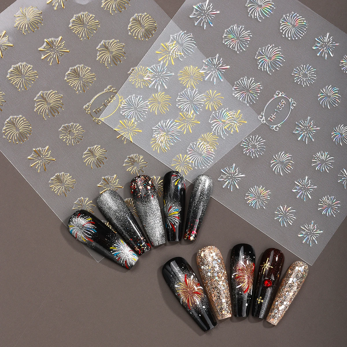 Adesivo per nail art con fuochi d'artificio laser abbronzante 3D Oro argentato Stelle Y2K Decalcomanie autoadesive Manicure di Capodanno Decorazioni fai da te