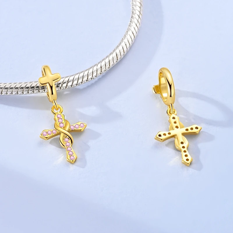 925 Sterling Silver Charms Bead CZ Zircon Gold Infinity Cross Dangle Fit Original Bracelet DIY Women Jewelry Gift