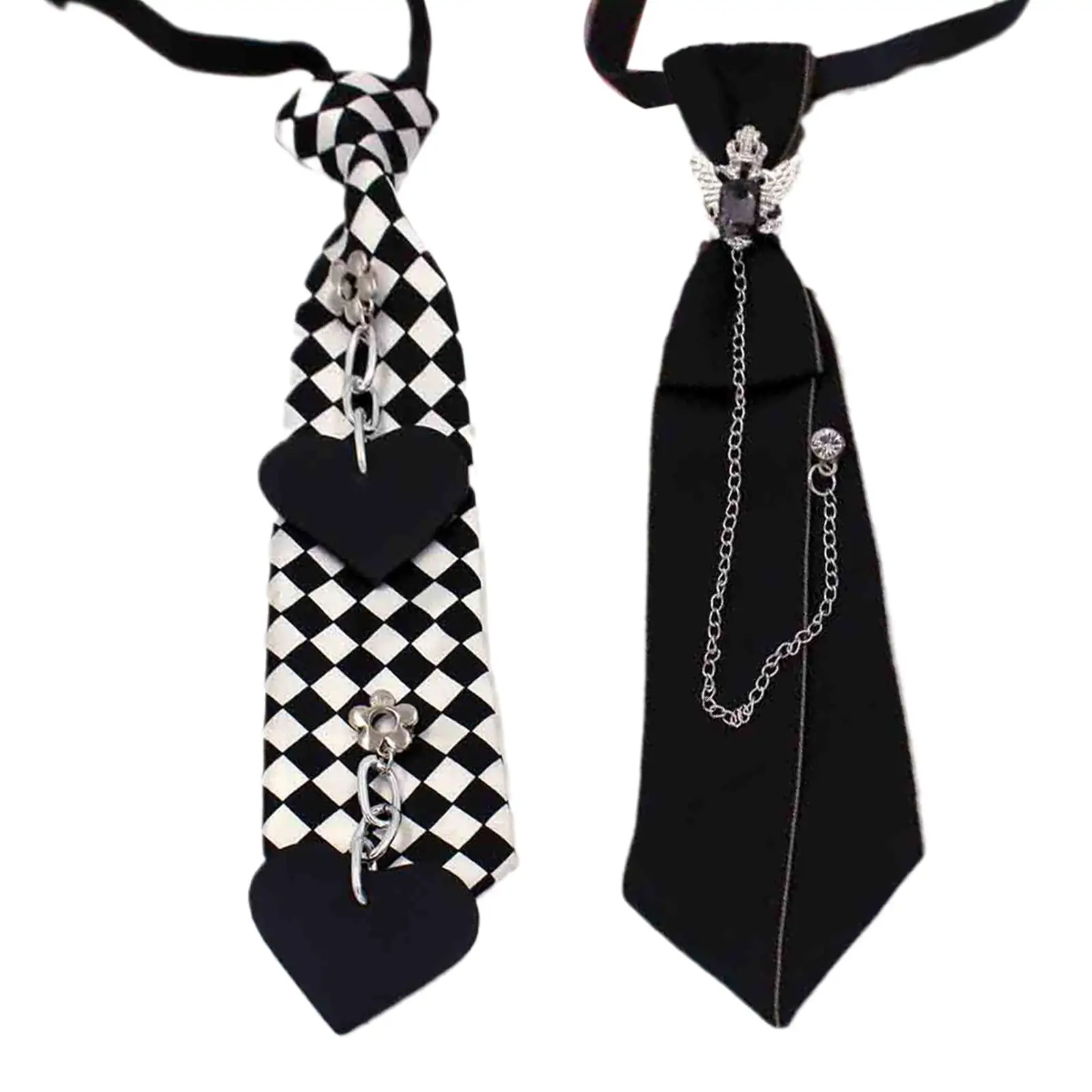 Goth Tie Women Black Metal Faux Leather Chain Crystal Flower Tie Neck Tie Collar for Women Men Punk School Uniform Pre-Tied Tie