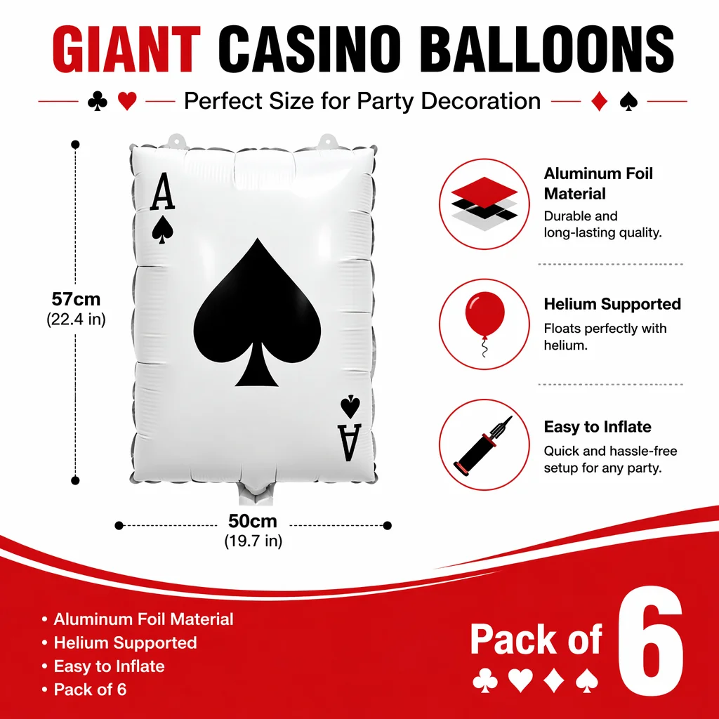 Playing Card Shaped Foil Balloon Set, for Casino Night, Game Night, Poker Tournament & Adult Themed Party Decor, Pack of 6 view 2