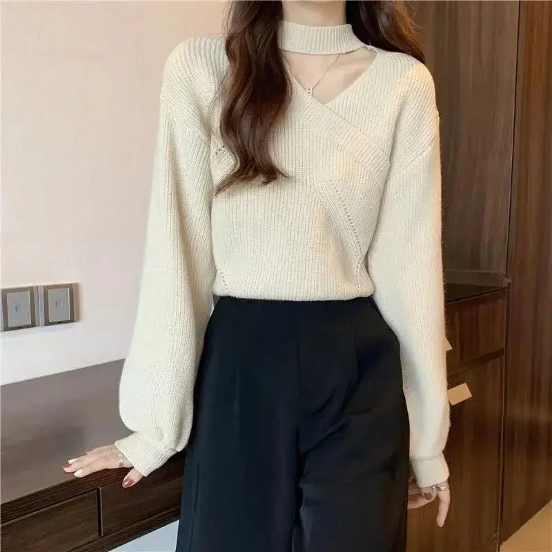 Women\'s Fashionable Hollow Out Solid Color Knitting Loose Halter Long Sleeve Pullovers Autumn Office Lady Irregular Sweater