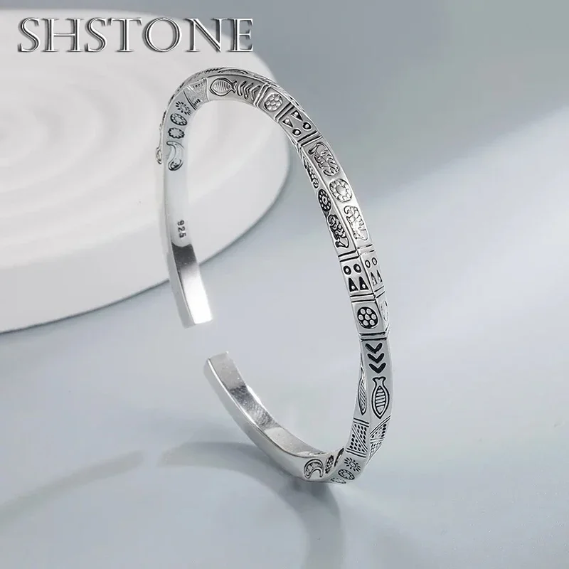 SHSTONE 925 Sterling Silver Men's Geometry Totems Open Bracelets Bangles For Women Luxury Designer Jewelry Birthday Gift