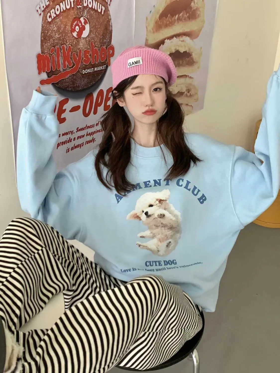 Sky Blue Pure Cotton Oversized Sweatshirt college girls Korean Cute Dog Cartoon Hoodie Casual Long Sleeve Winter Kawaii Clothes