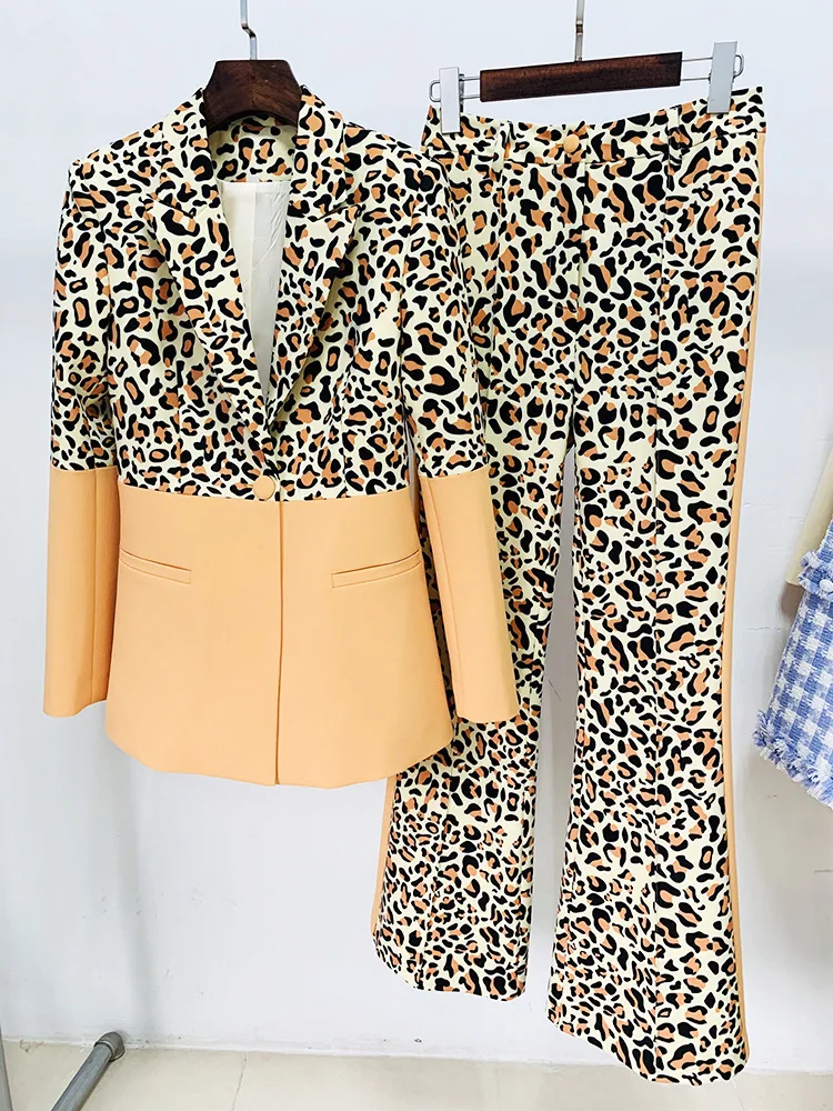 Women's Suit New Birthday Party Dress Leopard Print Color Matching One Button Blazer+Bell Pants Set Two Piece