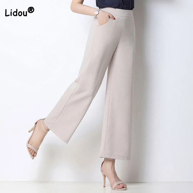 

England Drape Beige and Black Loose Straight Trousers Simplicity Spring Summer All-match Elastic High Waist Women Wide Leg Pants