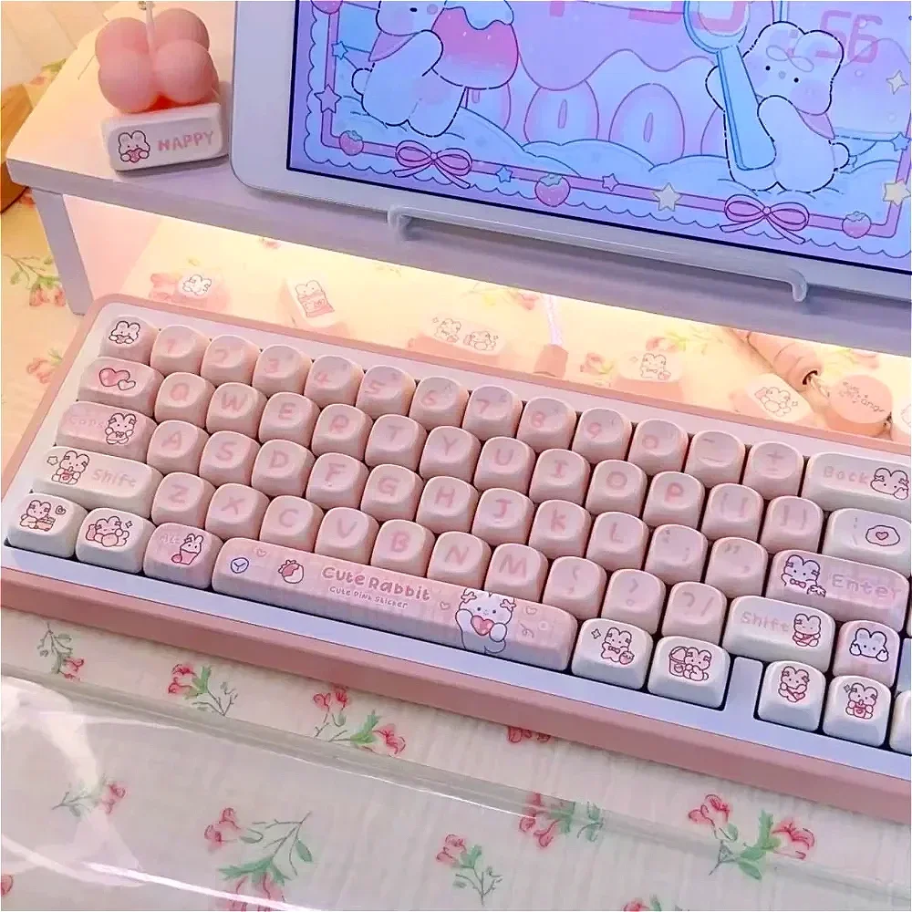 Cute Pink Bunny MOA Keycaps Pbt Heat Sublimation Small Full Set for MX Switch 60/71/84/90/104/108 Mechanical Keyboards