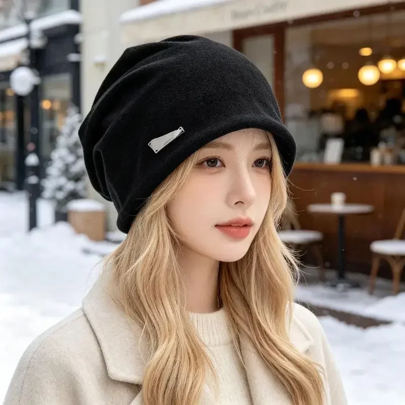 2026 Autumn Winter Plus Size Korean Style Metal Decoration Warm Hat Women Beanies Fashion Soft Light Weight Breathable Caps Lady