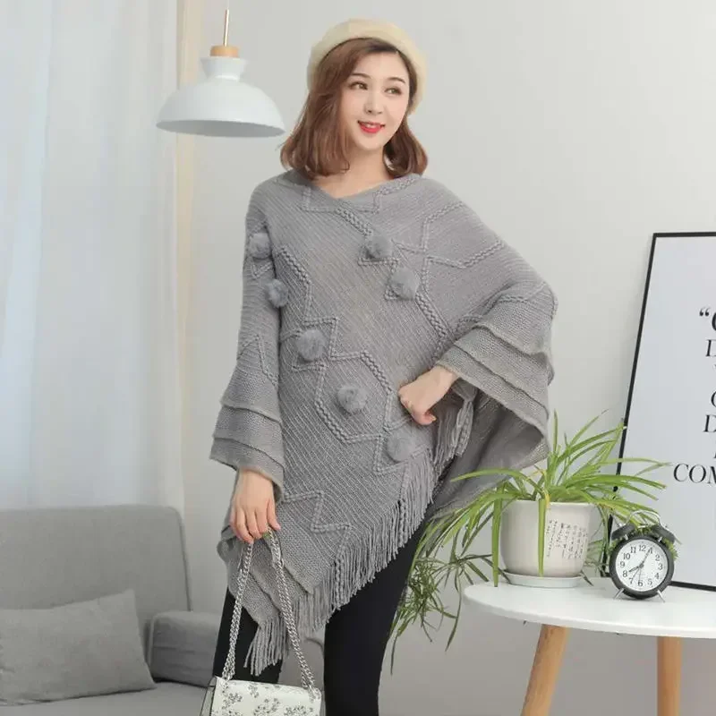 Gray NEW Women Spring Knit Tassels Pullover Lady Out Loose Coat Sweater Vest Party Scarf Over Cloth Top Shawl Cloak Cape Poncho