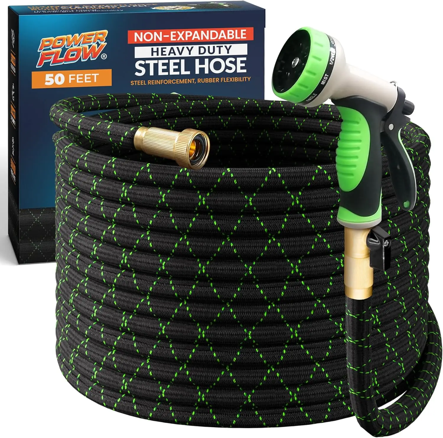 

Stainless Steel Metal Garden Hose 50ft Non-Expandable with Fabric Skin, Heavy Duty for Outdoor Watering, Bonus 10-Way Spray