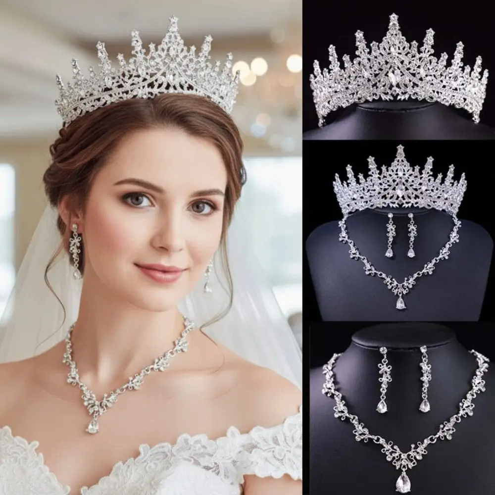 

3 Pcs Shiny Bride Jewelry Sets Metal Hair Ornaments Luxury Wedding Tiaras Elegant Exquisite Necklace Earrings and Crown Sets