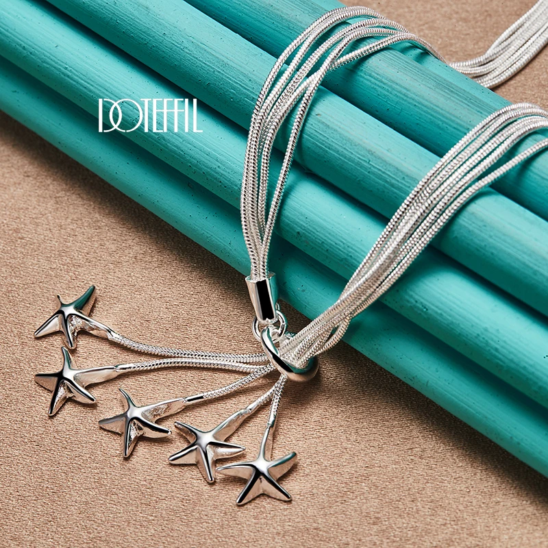 DOTEFFIL 2pcs 925 Sterling Silver Five Starfish Snake Chain Necklace Bracelet Set For Woman Man Wedding Fashion Charm Jewelry