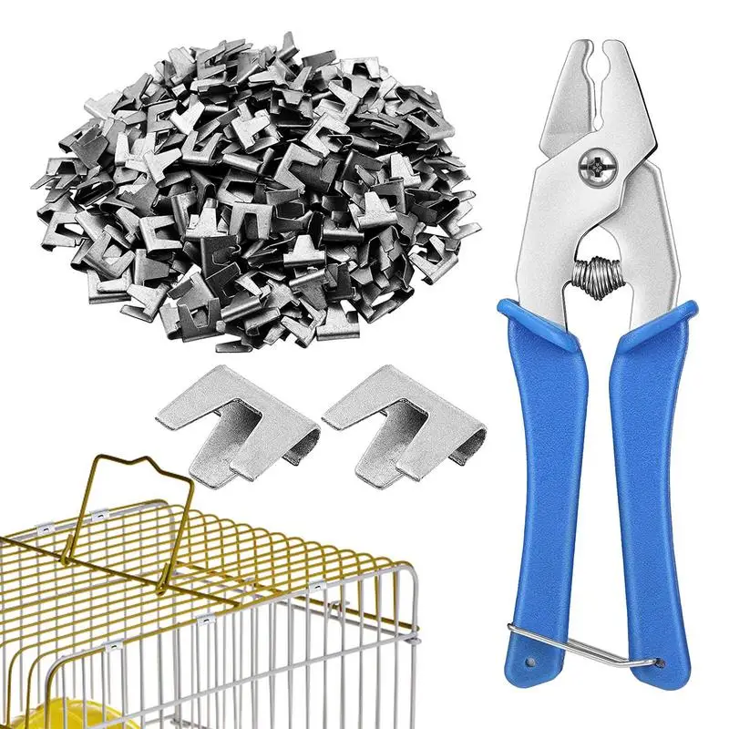 Animal Cage Hog Ring Pliers Tool And 300pcs M Clips Sta-ples Chicken Mesh Cage Wire Fencing Caged Clamp