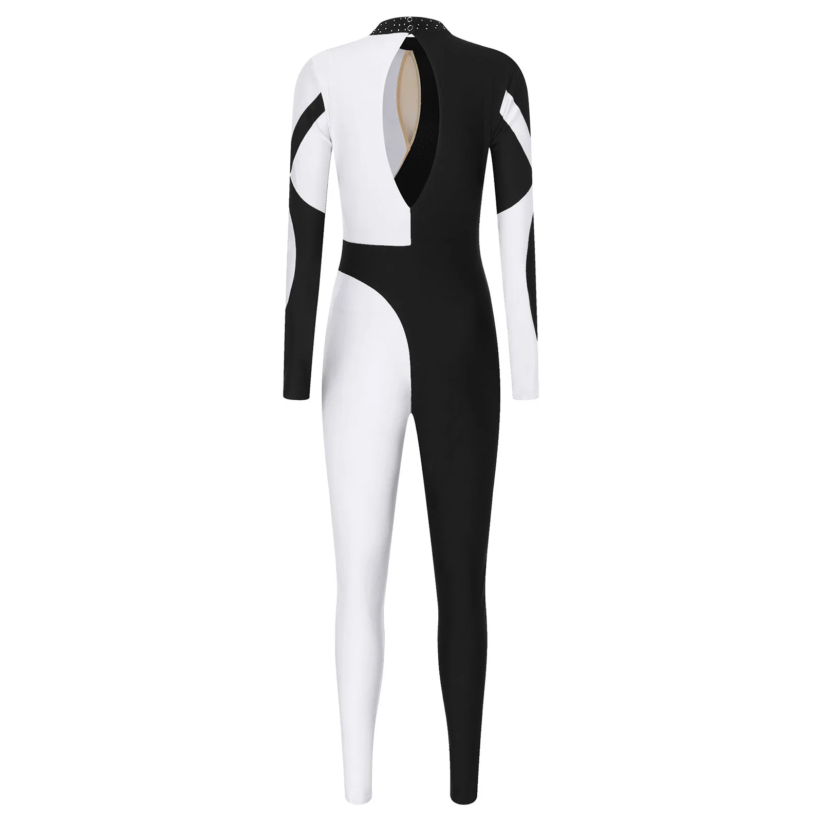 Womens Ballet Dance Gymnastics Leotards Figure Skating Acrobatics Performance Costume Long Sleeve Rhinestones Jumpsuit Bodysuit