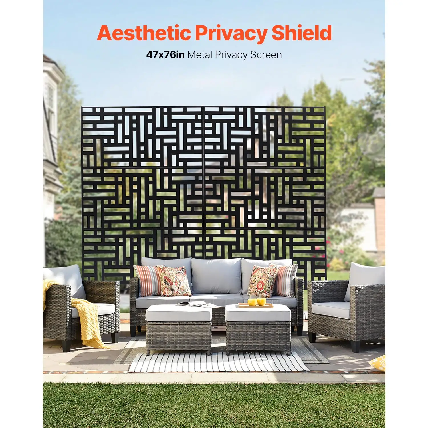 Freestanding Metal Screen 47 Inch W x 76 Inch H 3 Panel Outdoor Divider with Stand Decorative Steel Fence for Garden Patio for balcony Hot Tub or Indoor Room Black