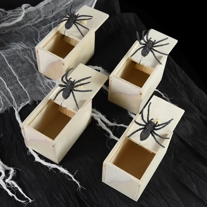 Wooden Scare Box Black Spider Prank Trick Funny Hidden Play Surprising Box Simulation Startled Spider Tricky Toy Halloween Gifts