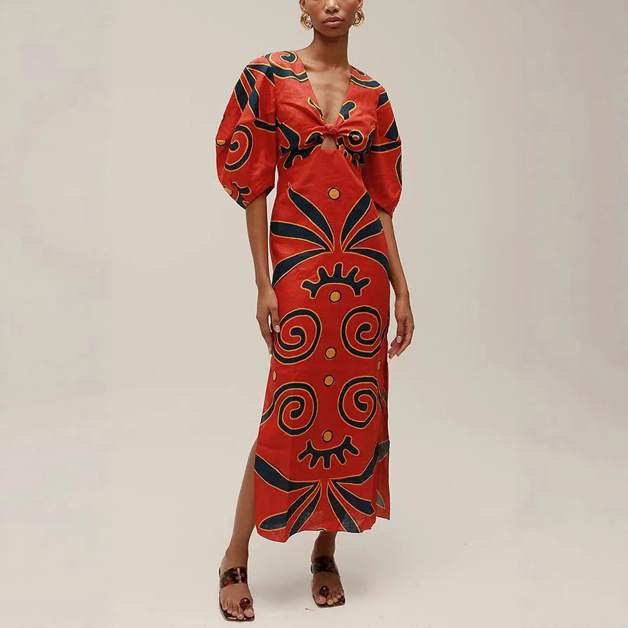 Women Fashion Linen Material  Fashion Chic Print Long Party Dresses Sexy V-neck Hollow Out High Waist Party Dress Lady Robes