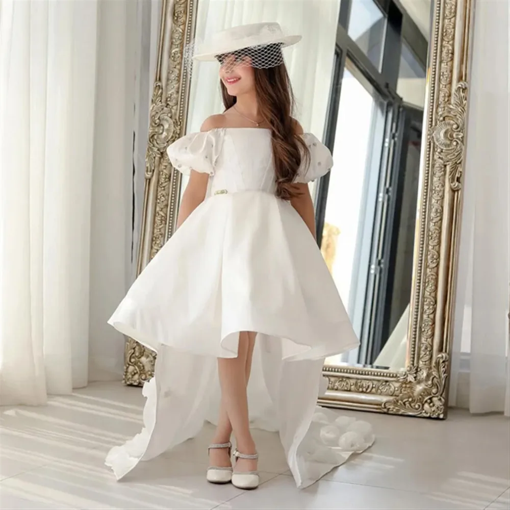 

Flower Girl Wedding Dress Floral Off The Shoulder with Sweep Train Princess Birthday Party Kids First Communion Dress Customized