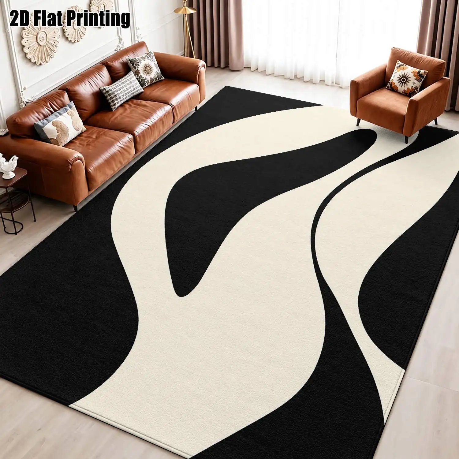 1Pc 2D Printed Black White Abstract Art Nordic/Instagram Style Geometric Line Minimalist Carpet Floor Mat, Home Decor, Multi-Size, Machine Washable, for Entrance, Living Room, Bedroom, Dining Room, Foyer