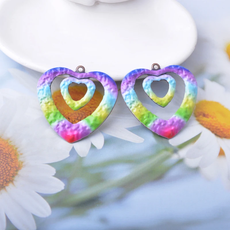 8 Stück/Set Sommer-Stil Eisen Regenbogenfarben Geometrie Herz Runde Anhänger Schmuckzubehör Bemalte Ohranhänger Damen DIY Accessoires – Detail 18