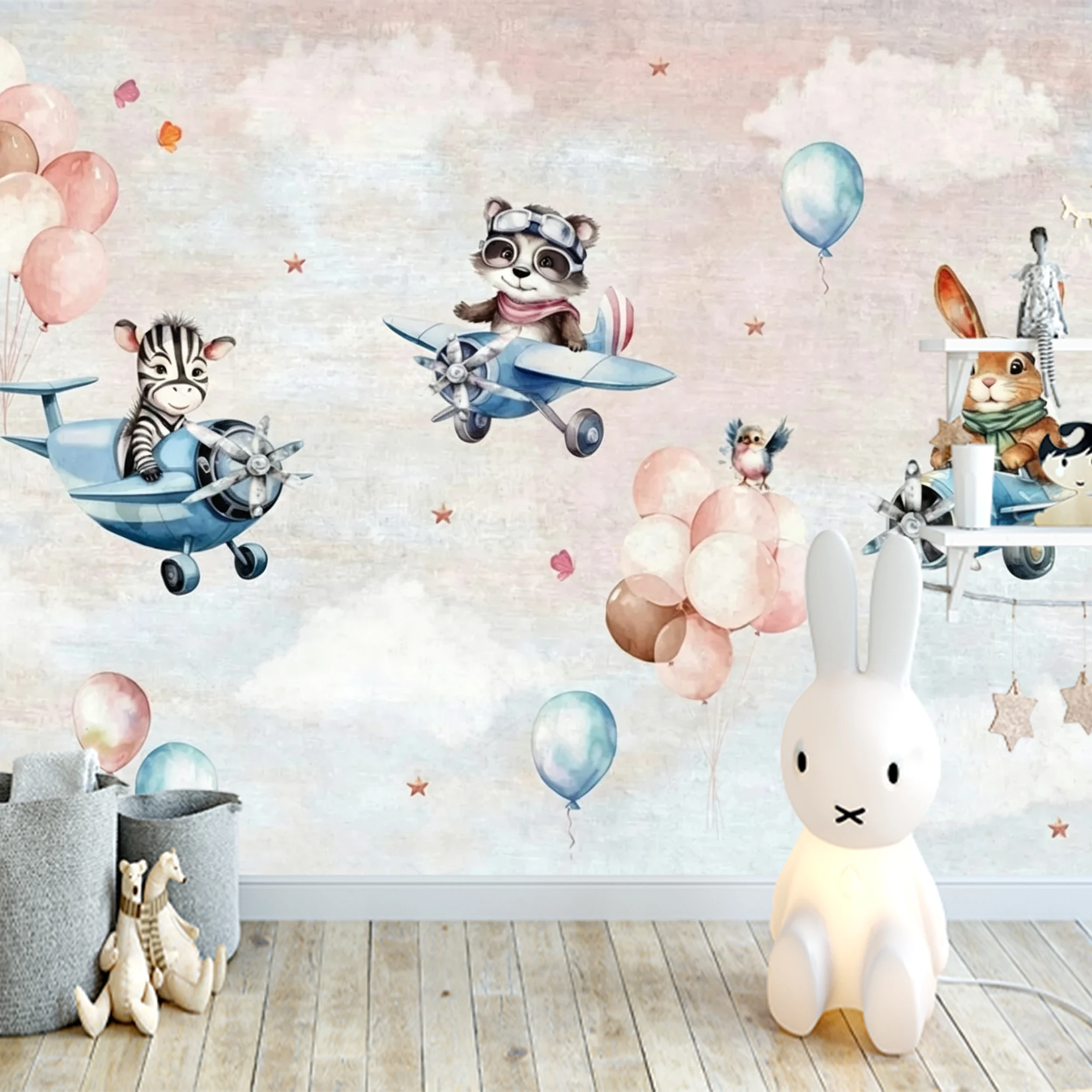 Custom Mural Wallpaper Kids Airplane Peel And Stick Wall Animal Pilot Zebra Rabbit Balloon Cloud For Nursery Bedroom Home Decor