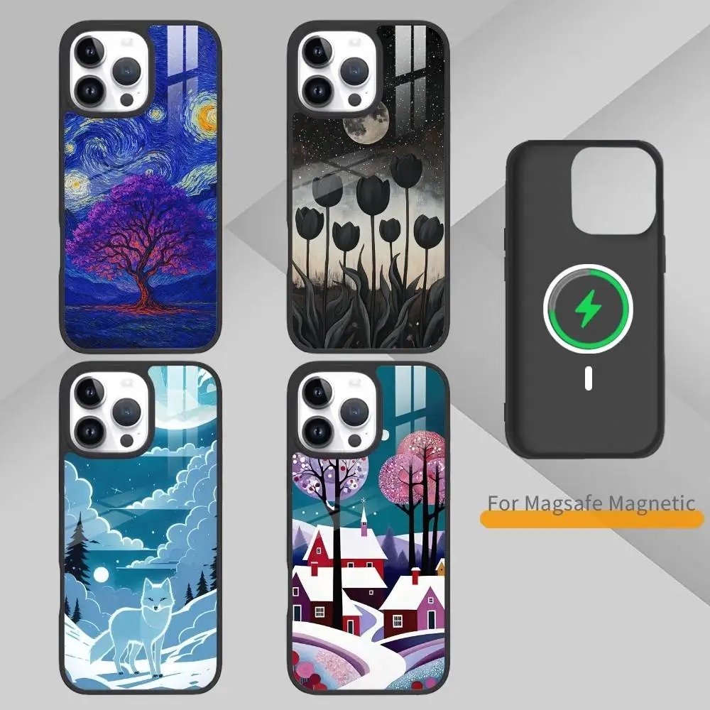 

Starry Night Whimsical landscape Phone Case For iPhone 17,16,15,14,13,Pro,Max,Plus,Magnetic For Magsafe Wireless Charging