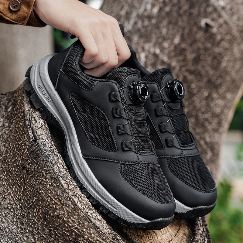 Male Sneakers Stylish Rotating Buckle Hiking Boots Solid Color Comfortable Non-slip Sporty Shoes Plus Size Mens Loafers Leather