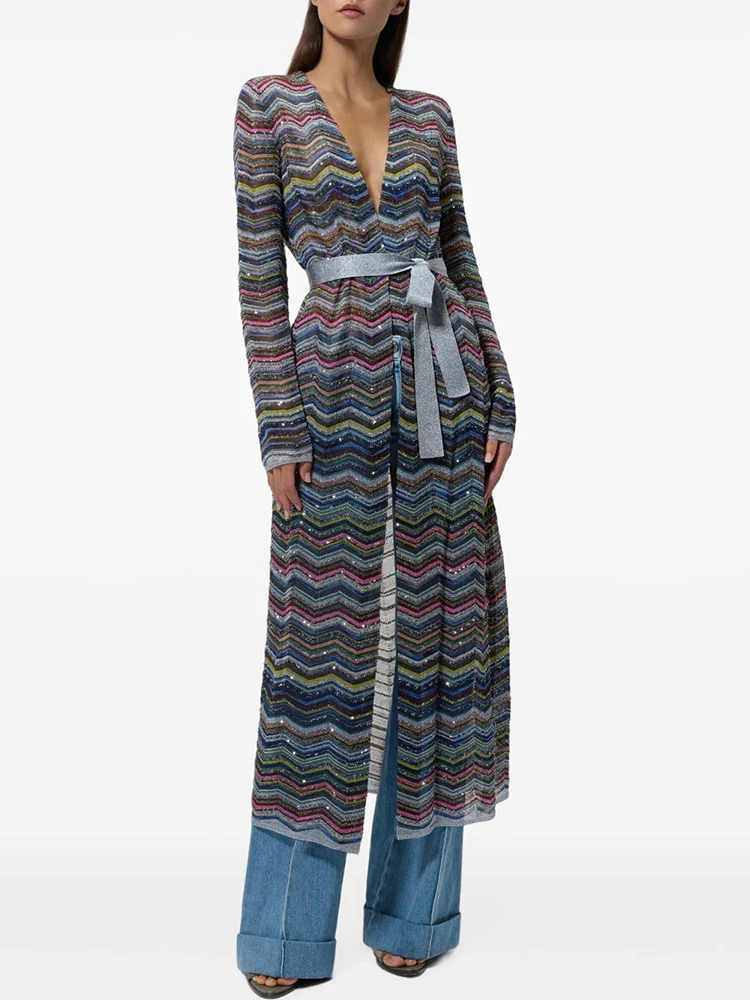 Spring Fashion Daily Casual Zigzag Pattern Knitting Long Style Cardigan Women's Deep V-Neck Long Sleeve silver thread Belt Coat