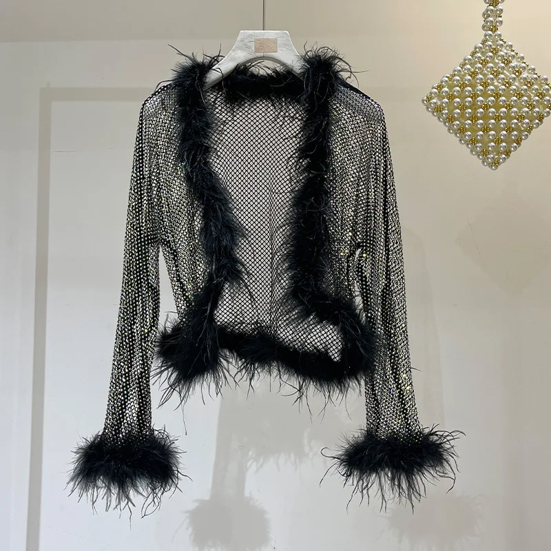 Women Rhinestone Ostrich Feather Top Mesh Protection Shawl Summer Loose Cardigan Long Sleeves Tops Female Shiny Cover Up