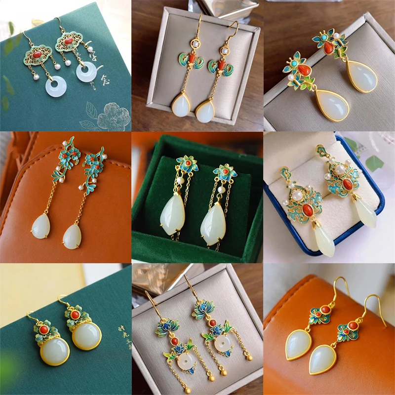 Natural Hetian  jade enamel porcelain Earrings Chinese retro court style unique ancient gold charm women's silver jewelry