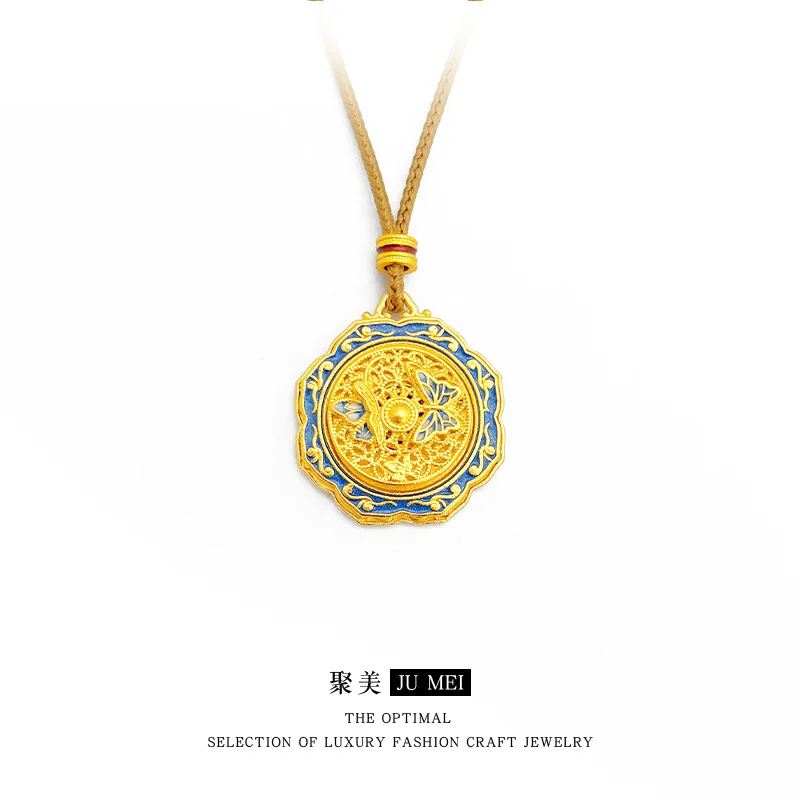Luxury 9999 24K real gold Chinese style new Chinese style ancient gold enamel color rotating filigree butterfly pendant necklace