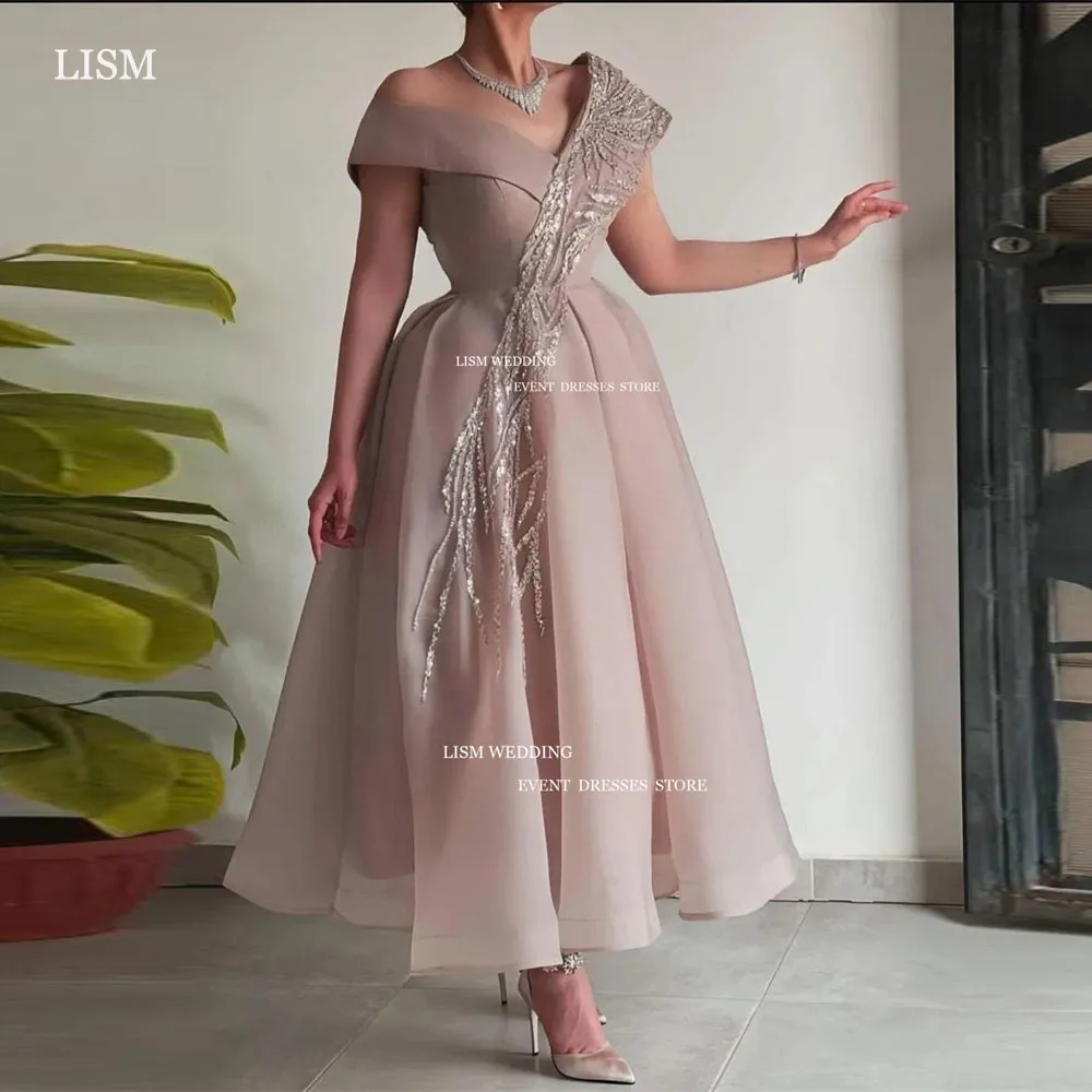 LISM Modest Sparkly Organza A-Line Evening Dresses Saudi Arabic Women Sequin Off The Shoulder Prom Gowns Tea Length Formal Dress