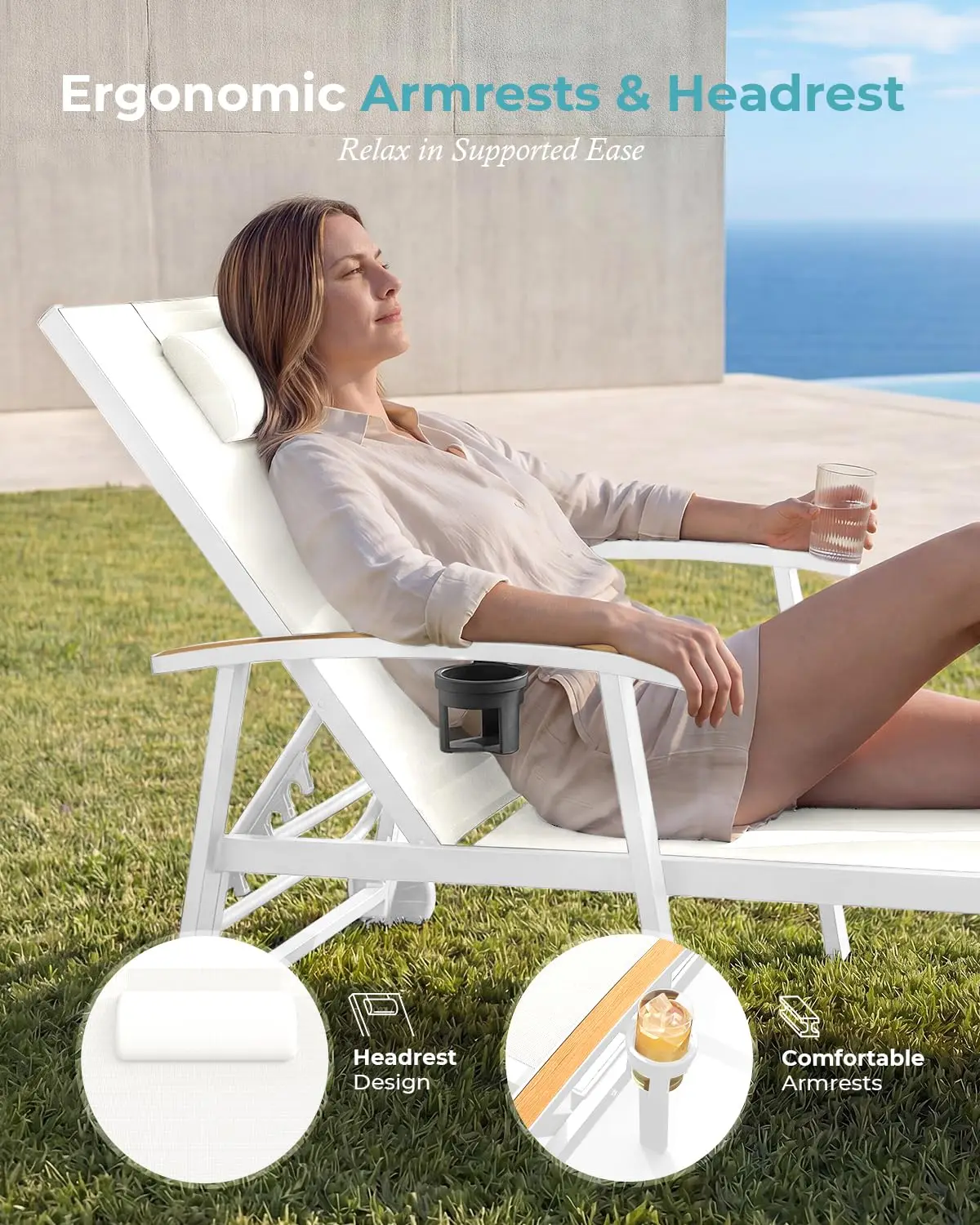 5-Position Lounge Chair Set 4, Adjustable Chaise with Wheels & Armrests, 400 lbs Aluminum Poolside Beach Deck, Customized