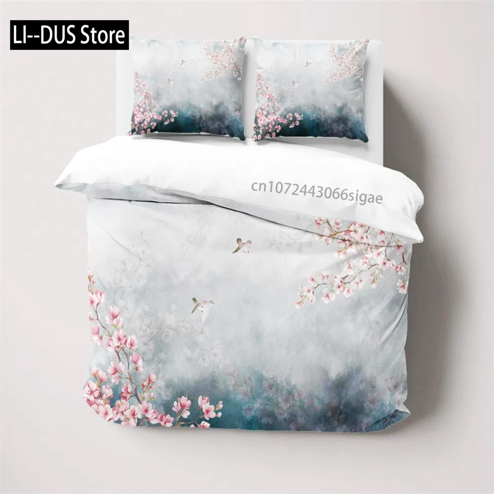 

Японский комплект пододеяльников Cherry Blossom Sparrow с наволочками, серо-розовый пододеяльник с цветочным принтом, одноместный двойной король короля США с принтом