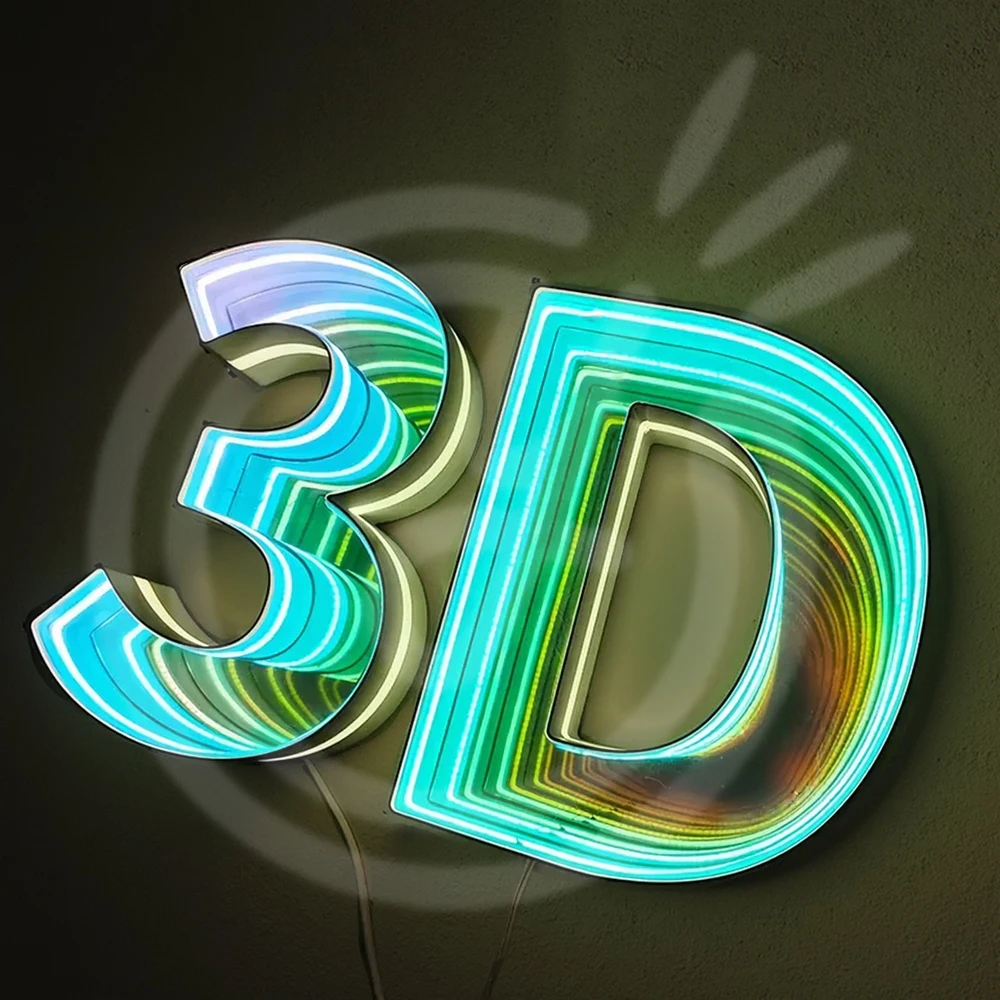Personalizowane litery kanałowe z lustrem nieskończoności LED 3D na zamówienie, dekoracja ścienna z lustrem do baru, salonu, do użytku wewnątrz i na zewnątrz.